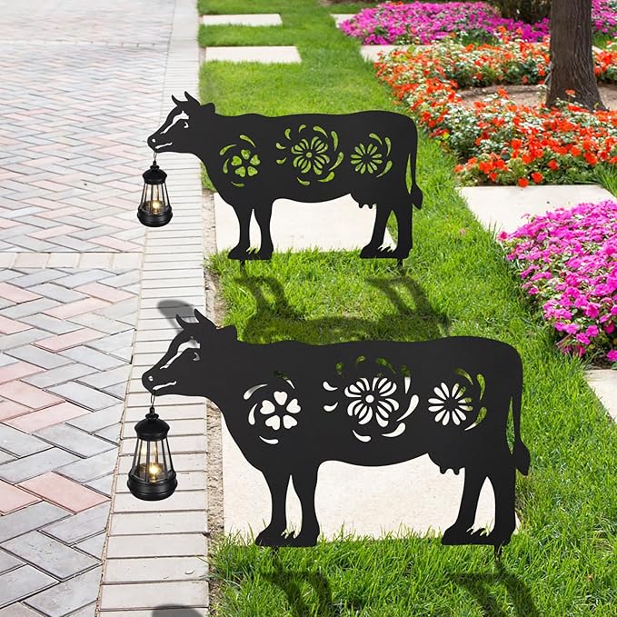 2Pack Solar Outdoor Garden Lights Stakes Solar Metal Flower Cow Lawn Deco Statue Patio, Outdoor Decor, Garden Decorations, Lawn Ornaments