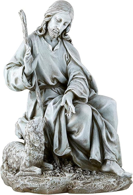 Avalon Gallery Garden Statue - Jesus The Good Shepherd Stone-Resin Indoor/Outdoor Catholic Sculpture, 17.5" Tall, Seated with Sheep