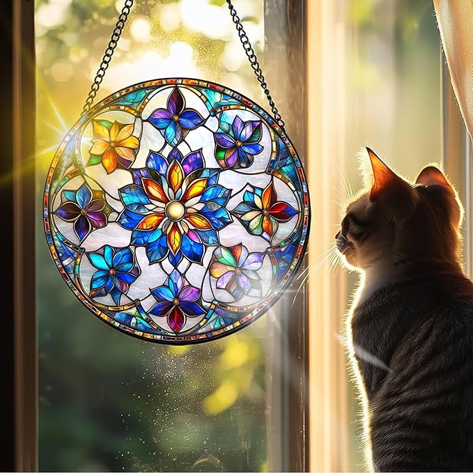 VAIIEYO Flower Sun Catcher Stained Glass Window Hanging Ornament, Handmade Sun Catcher Plant Decoration with Hooks for Window Garden Home, Mother's Day & Birthday Housewarming Gift (7.8 inch)