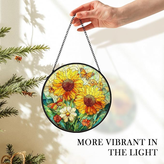 Sunflower Suncatcher Stained Glass Window Hanging Decor, Butterfly Sunflower Cottagecore Stained Glass Wall Decor, Floral Wildflower Lawn Garden Sun Catchers Window Hanging Wall Art, 7.9x7.9 In