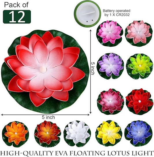 Waterproof Floating Lotus Light, 12PCS Floating Lily Light Water Activated 5 Inch Artificial Flowers Battery Operated for Wedding Pool Anniversary Garden Decoration(Mix-Color)