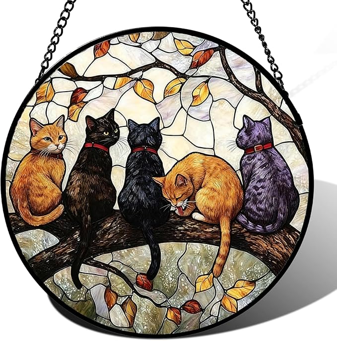Stained Glass Window Hanging, 5 Cats on a Branch Suncatcher for Window Doors Garden Home Decoration, Animal Colorful Glass Panel Ornaments for Women,Men,Wife, Lovers, and Mom 7.8x7.8 in
