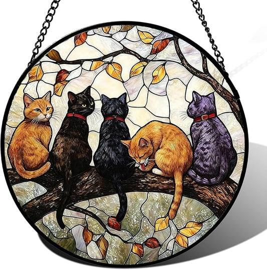 Stained Glass Window Hanging, 5 Cats on a Branch Suncatcher for Window Doors Garden Home Decoration, Animal Colorful Glass Panel Ornaments for Women,Men,Wife, Lovers, and Mom 7.8x7.8 in