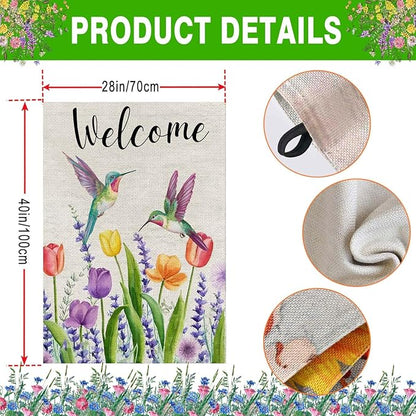 Welcome Hummingbird Spring Flowers House Flag Large Burlap 28x40 Inch Double Sided Outside Yard Holiday Outdoor Farmhouse Decoration