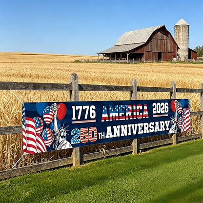 250th Anniversary USA Banner 120 x 20 Inches America 1776-2026 250 Years Birthday Banner American Flag Statue of Liberty Designs Patriotic Party Home Decorations for Outdoor Indoor Yard Garden Lawn