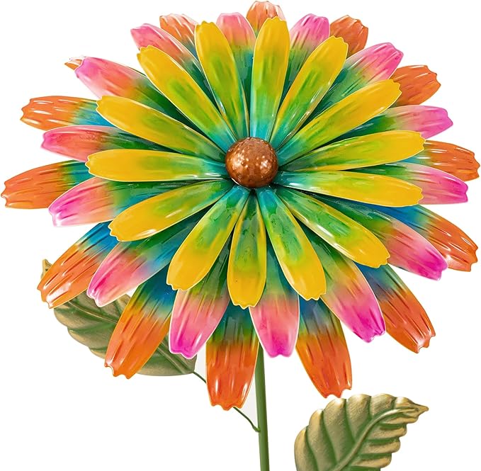 Glitzhome Metal Flower Yard Stake, 41" H Hand Painted Garden Flower with Red Green Petals, Iron Garden Yard Spring Decor for Lawn Landscape