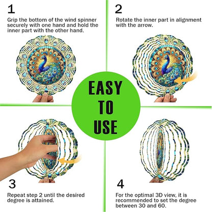 Peacock Wind Spinner, 3D Hanging Stainless Steel Garden Spinner, Wind Spinner Hanging for Outdoor & Indoor Décor, Unique Gifts for Yard Garden Decoration or Patio Décor (Peacock)