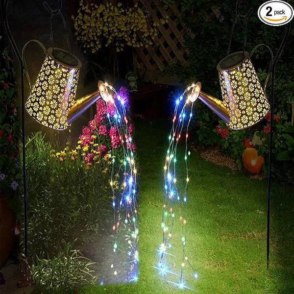 2 Pack Solar Watering Can Lights with Shepherd Hook, 8 Multi-Color Changing Modes, IP65 Waterproof, 60pcs String Lights for Outdoor Garden Pathway Lawn Patio Deck Walkway Courtyard