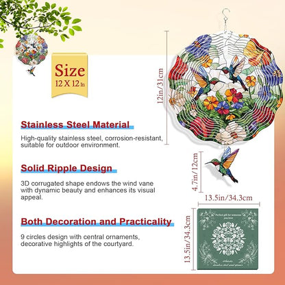 Rngmsi Hummingbird Wind Spinner Gifts for Women, Humming Bird Hanging Wind Spinners Outdoor Gifts for Mom Men Grandma, Bird 3D Stainless Steel Metal Yard Decor for Garden Patio Lawn (12 X 12 Inches)