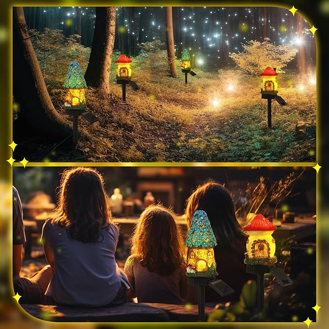 Rossesay 2 Pack Fairy Outdoor Garden Fairy House Mushroom Solar Light Home Statue LED Light for Spring Outside Garden Lawn Walkway Patio Yard Backyard Plant Decoration