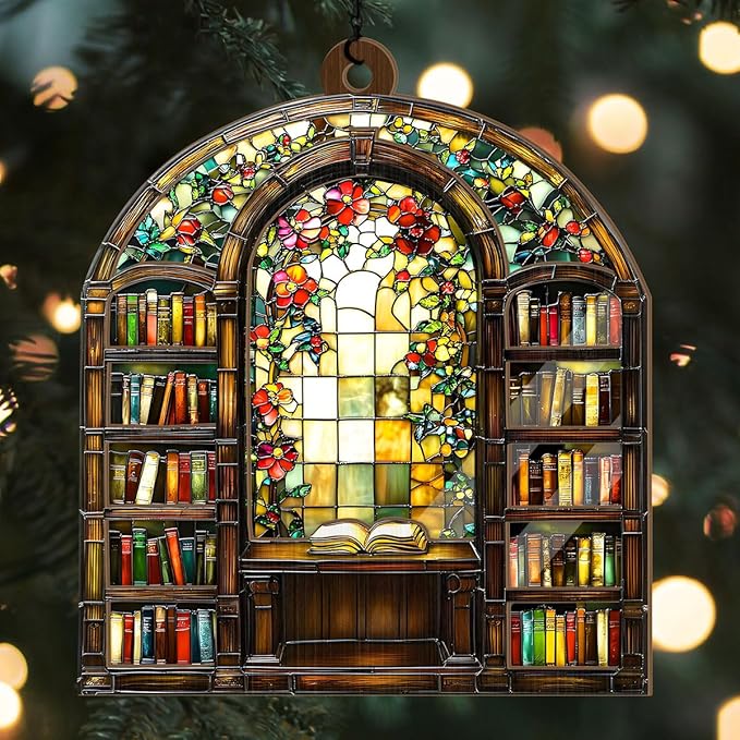 Jesuspirit - Window Hanging Suncatcher – Crystal Clear Acrylic & Wood Sun Catcher for Home Decor, for Women (Library Bookshelf, 8 Inches)