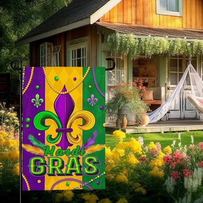 Mardi Gras Garden Flag 12x18 Inch Double Sided Fleur de Lis Yard Flags for Outside Decoration Carnival Beads New Orleans Small Flags for Garden Outdoor