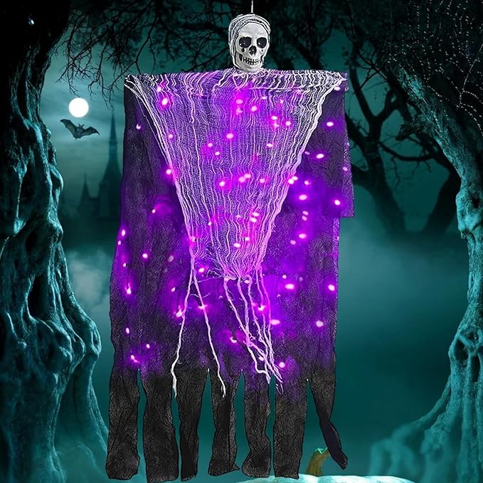 Halloween Decorations Outdoor, 2 Pack Hanging Light Ghost Spooky Skeletons Decor Supplies, Haunted Creepy House Halloween Flying Decoration with Yard Tree Porch Garden Party Indoor Décor