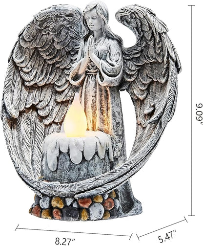 Angel Garden Statues Outdoor Cemetery Decorations for Grave Take The Cross Praying Wings Angel Figurine Cemetery Lights Patio Lawn Yard Porch Decorations 10.24 Inch