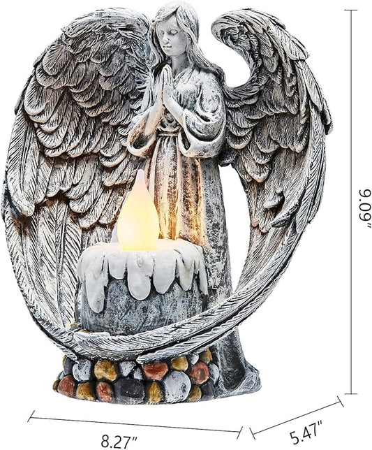 Angel Garden Statues Outdoor Cemetery Decorations for Grave Take The Cross Praying Wings Angel Figurine Cemetery Lights Patio Lawn Yard Porch Decorations 10.24 Inch