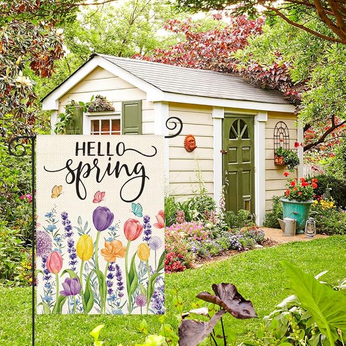 AVOIN colorlife Hello Spring Tulip Lavender Garden Flag 12 x 18 Inch Double Sided, Seasonal Flower Yard Outdoor Flag