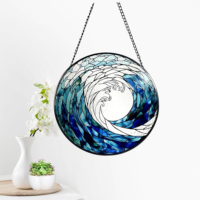 Ocean Waves Stained Glass Suncatcher, Handmade Window Hanging Wall Art with Chain, Real Glass Coastal Home Decor, Unique Sun Catcher Gift for Women, Christmas, 9.8