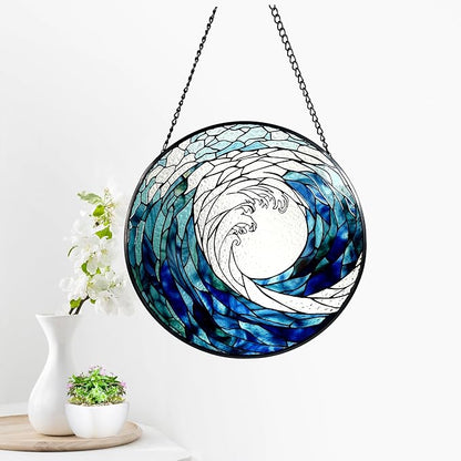 Ocean Waves Stained Glass Suncatcher, Handmade Window Hanging Wall Art with Chain, Real Glass Coastal Home Decor, Unique Sun Catcher Gift for Women, Christmas, 9.8