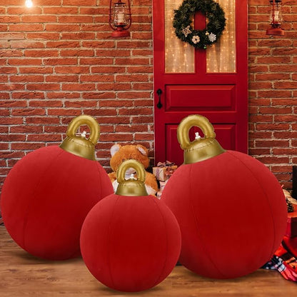Jenaai 3 Pcs Giant Velvet Christmas Inflatable Ball Ornament Large PVC Christmas Inflatable Balls 3 Size 24" 20" 18" Xmas Hanging Ornaments Outdoor Decor for Lawn Porch Yard(Red)