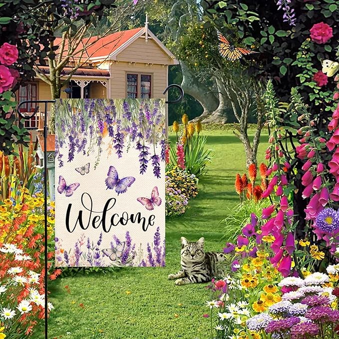 Baccessor Spring Summer Flower Garden Flag Lavender Butterfly Floral Welcome Small Yard Burlap Double Sided Vertical Seasonal Farmhouse Wedding Yard Outdoor Decoration 12.5x18 Inch