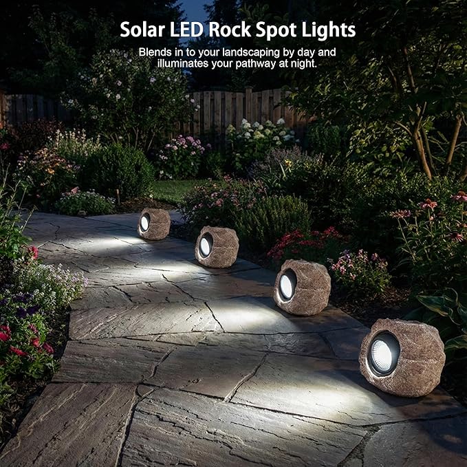 Solar Rock Lights Outdoor – 2 Pack Waterproof LED Landscape Garden Spotlights, Realistic Stone Design, Wireless Solar Powered Pathway Lights for Yard, Walkway, Patio & Lawn Decoration (Auto On/Off)
