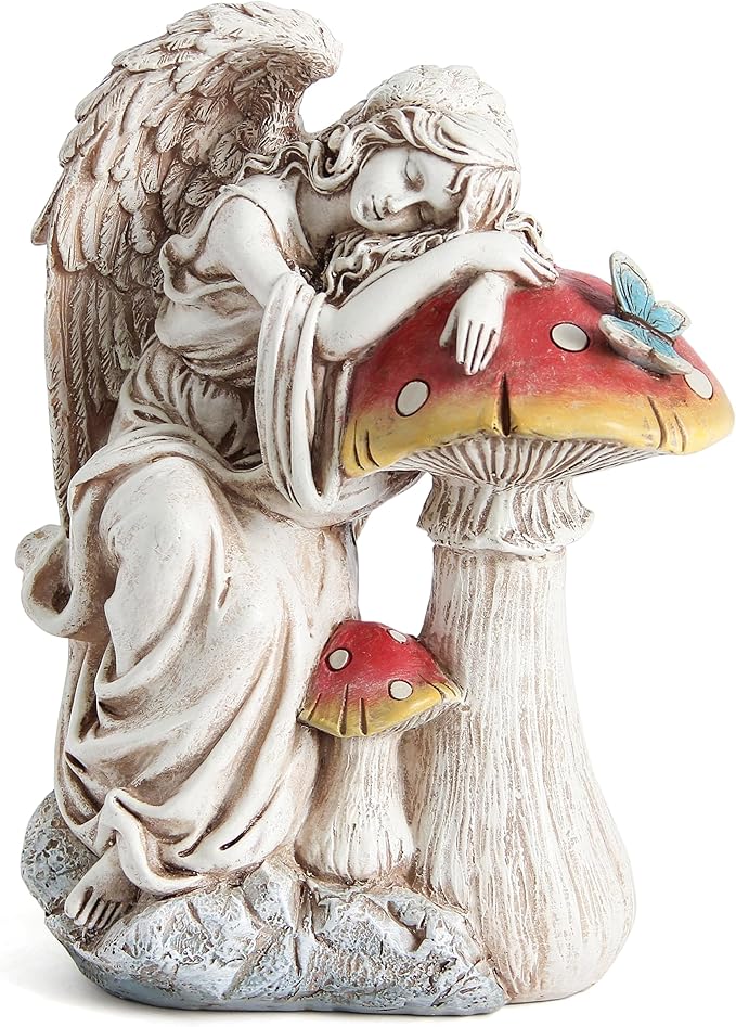 Outdoor Angel on Mushrooms Statue for Garden Decor, Sleep Angel Garden Statues Religious Decorations for Patio Yard Porch Lawn, Angels Garden Sculptures, Home Angel Figurines, Memorial Gifts