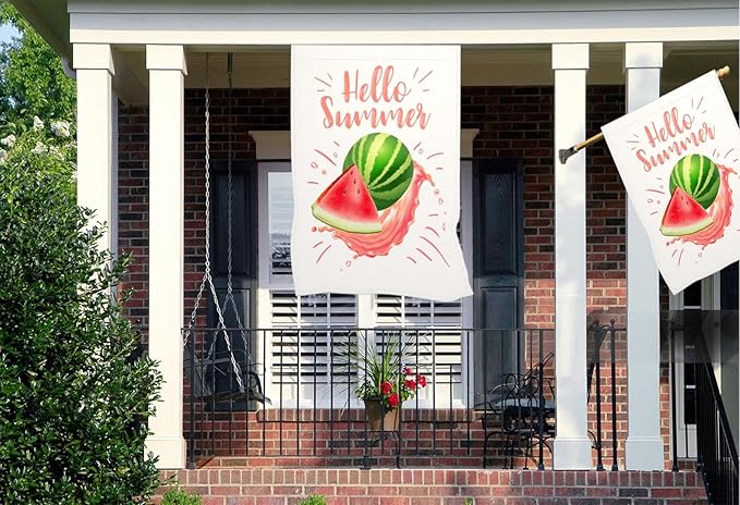 Mugod Watercolor Watermelon Decorative House Flag 28x40 Inch Double Sided, Summer Fruit Red & Green Large Burlap Flag for Outdoor Garden Yard Decoration