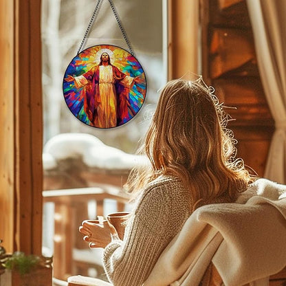 Jesus Christian Suncatcher Stained Glass Window Hanging, Jesus Religious Sun Catchers Indoor Window Glass Round Wall Decor, Christian Wall Art Hanging Decorations, 7.8＂x7.8＂