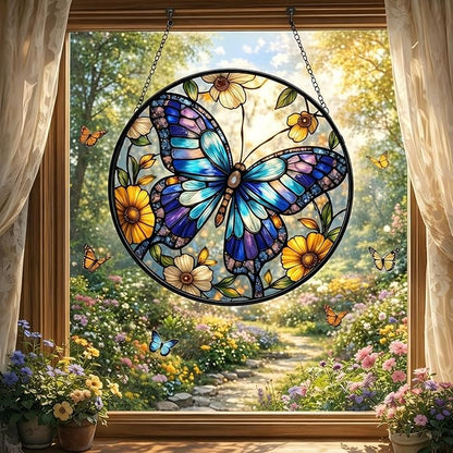 Butterfly Stained Glass Suncather for Window Hanging, 9'' Blue Butterfly Ornament Gift for Women, Nature-Inspired Wall Art Home Decor Gifts for Mom, Grandma, Mother's Day (Blue, 9'')