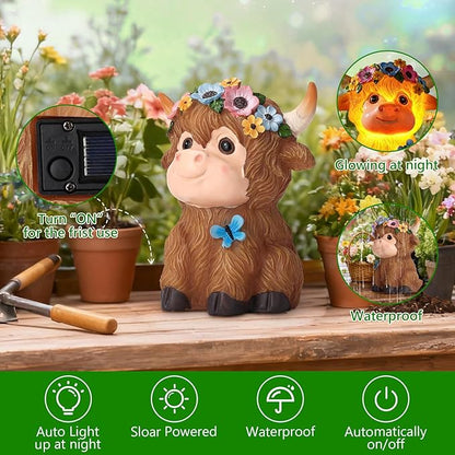 Solar Garden Decor Highland Cow with Flowers Statues Outdoor, Outdoor Figurine Statue Lights, Outdoor Garden Yard Lawn Patio Decoration, Unique House warming Birthday Present for Women Family
