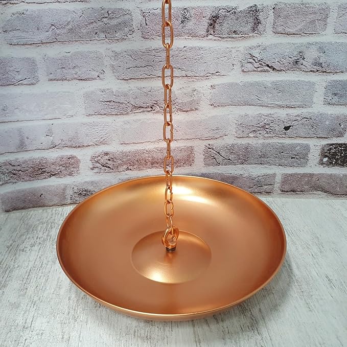 Copper Colored 11" Dia Iron Anchoring Basin with 17" Chain for Rain Chains, Rust-Resistant Plated Iron, Decorative Fountain Dish for Outdoor Garden, Lawn & Patio Water Features