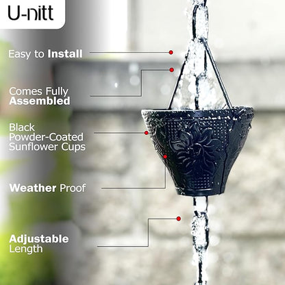 U-nitt Rain Chain Water Collection for Gutters Rainwater Catcher & Diverter, 8.5 FT Chains for Outside Garden, Sunflower Cups, Roof Downspout, Works with Heavy Rain, w/Gutter Clip for Rainchains