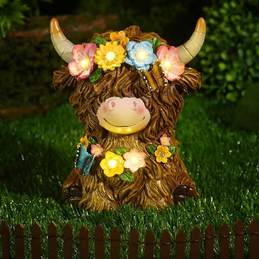 Colingmill Highland Cow Solar Statue Outdoor Decor Resin Highland Cow Figurine with Flower Gifts for Women Mom for Spring Yard Garden Lawn Ornaments, Calf Gnome Herd Lovers(Bright)