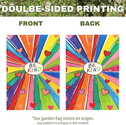 Be Kind Garden Flag Colorful Positive Message Outdoor Yard Flags Rainbow Heart Art House Banner for Teachers Schools Classrooms Front Porch Patio Community Welcome Kindness Decor 12x18 Inch