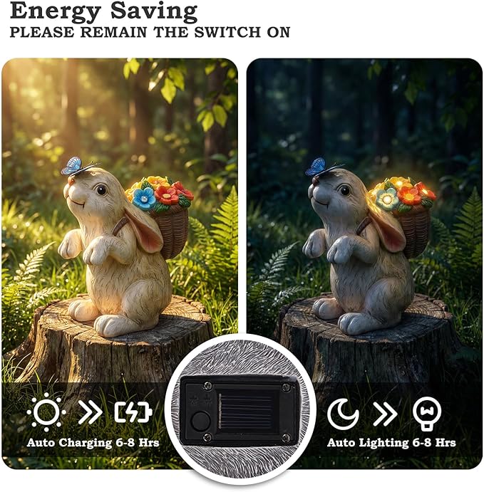 PETAFLOP Solar Bunny Garden Decor, Rabbit with Flower Basket & Butterfly for Yard, Patio, Pathway, Lawn, Patio, Balcony