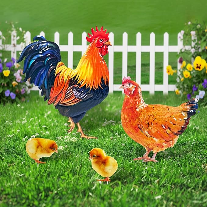 Metal Chicken Outdoor Decor,4 Pack Realistic Hen and Rooster Yard Stakes for Outside,Patio,Garden and Lawn Ornaments