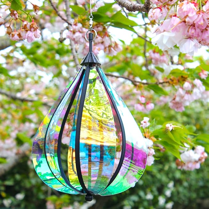 Wind Spinner Rainbow Drop Colorful Yard Art Spinning Garden Decor Kinetic Sculptures for Outdoor and Garden Wind Spinners 3D Hanging Ornament for Patio