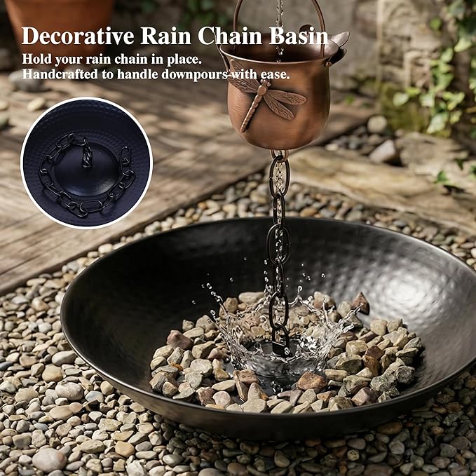 TZSSP Rain Chain Basin, Anchoring Basin for Downspout, Metal Bowl for Rain Chain Downspout Gutters, Rain Basin for Outdoor Garden, Lawn & Patio Water Feature, 11 Inches Diameter, Black