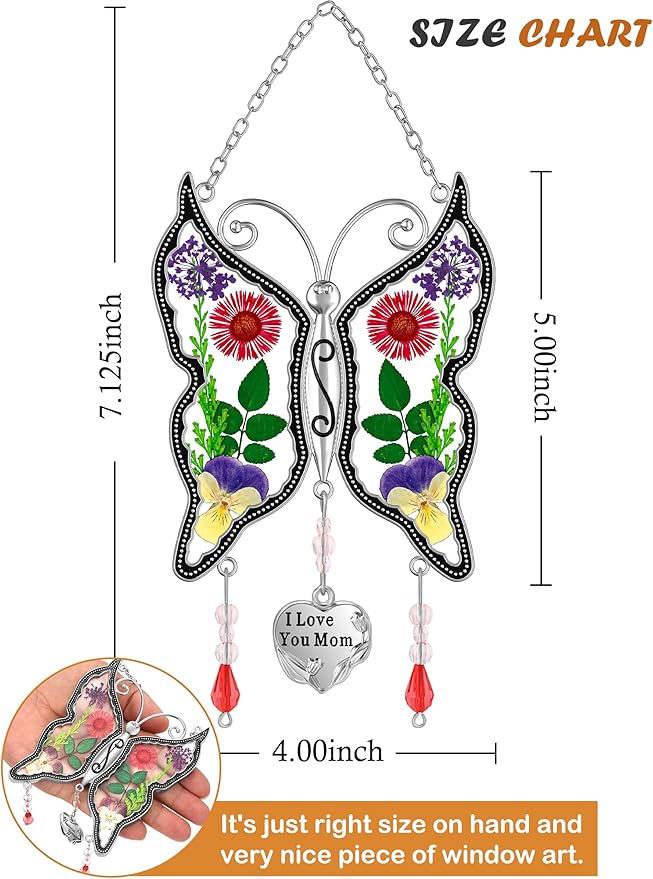 KY&BOSAM Butterfly Suncatcher Stained Glass Suncathers for Windows Hangings Wind Chime with Real Flower Wings and Meatl I Love You Mom Heart Charm for Mom Birthday Christmas Decor