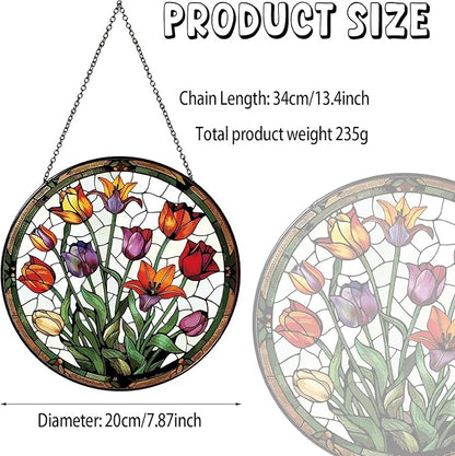 Tulip Stained Glass Window Hanging Botanical Sun Catcher Decor Tulip Lover Gifts for Women Christmas Suncatchers for Home Windows Hanging Decoration, 7.87inch