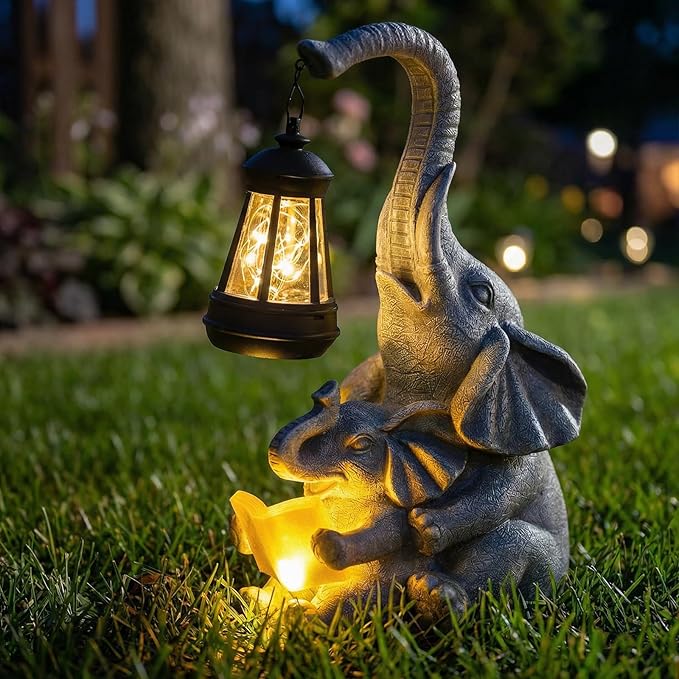 Candieslife Solar Garden Statue Lights Loving Elephants Figurine with Solar Lantern, Outdoor Yard Decorations for Patio Porch Home, Housewarming Elephant Gifts for Mom, Women