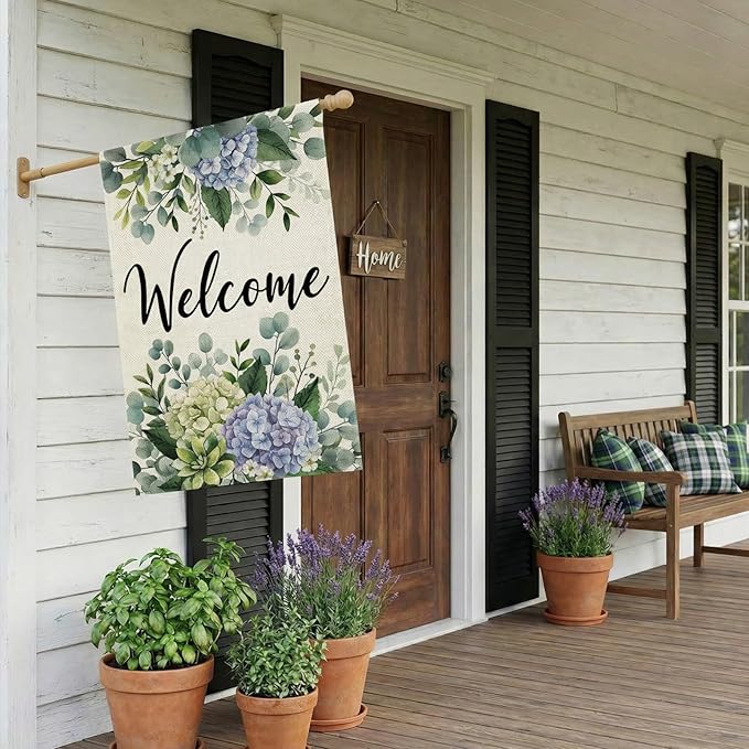 CROWNED BEAUTY Spring House Flag Hydrangea Eucalyptus Double Sided 28x40 Inches Large Burlap Welcome Holiday Seasonal Yard Decoration for Outside Porch