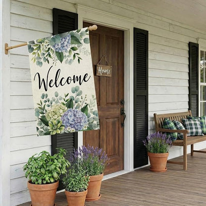 CROWNED BEAUTY Spring House Flag Hydrangea Eucalyptus Double Sided 28x40 Inches Large Burlap Welcome Holiday Seasonal Yard Decoration for Outside Porch