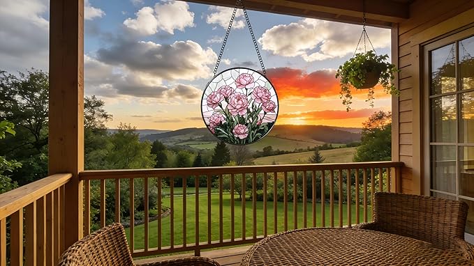 Stained Glass Window Hanging - Blooming Pink Peonies 6.3 Inches Suncatcher for Garden Home Decor for Women Mon Grandma Friends