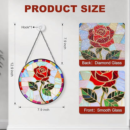 Stained Glass Window Hanging, Red Rose Suncatcher 7.8 in Sun Catcher Glass Panel Boho Wall Art Decor with Chain Diamond Glass Panel Hangings Scenery Sun Catchers Decor for Lover Couple Mom
