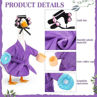 Shyyween Lady Porch Goose Outfit for 17'' Cement Plastic Lawn Goose Statue Clothes Purple Bathrobe Coffee Cup Curlers for Outdoor Garden Yard Patio Decoration