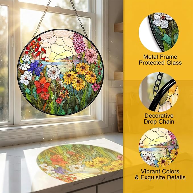 Stained Glass Sun Catcher Window Hanging - Wildflowers Green Plants Design, Indoor Decor Gifts for Mother's Day, Birthday, Christmas - Perfect for Women, Men, Mom Home Window Decor(Wildflowers) 7.8in