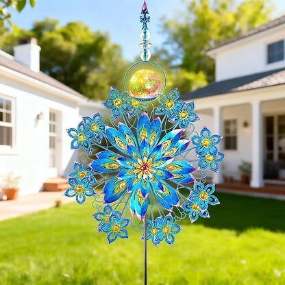 Kircust Large Solar Wind Spinner with Glass Ball - Peacock Themed Kinetic Garden Art, Dual Spinning Metal Decor for Outdoor Yard, Lawn, or Patio in Elegant Peacock Blue