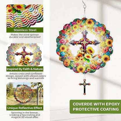 Cross Wind Spinners Outdoor Hanging - 12 Inch 3D Cross & Sunflower Kinetic Art for Yard Patio Ornament Garden Decorations, Christian Gifts for Women Mother's Day Birthday