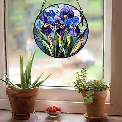 Stained Glass Window Hanging - Blue Purple Iris Flower Suncatcher for Door Garden Patio Sun Catchers Decor Christmas Mother's Day Birthday Gifts for Women Men Mom Nana Aunt Friend 11.8 in